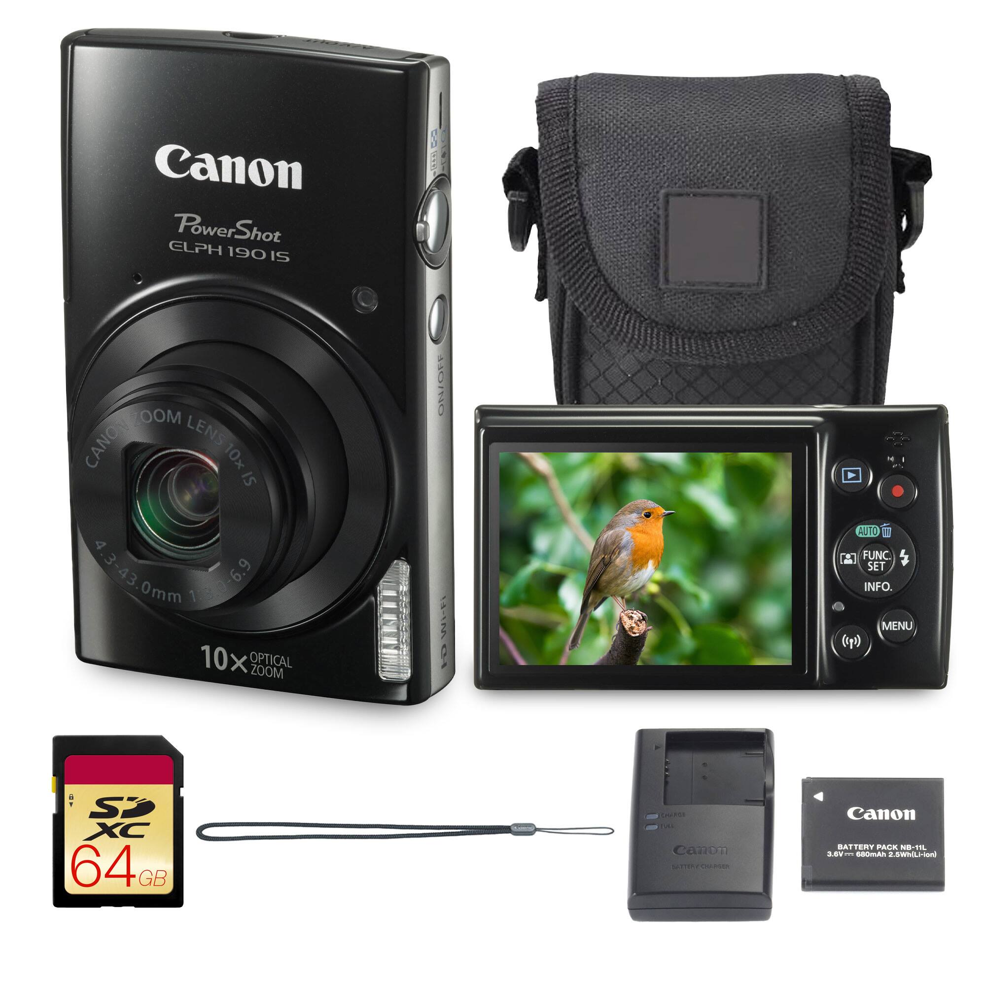 Canon PowerShot ELPH 190 IS  
Canon Zoom Lens 10x IS 4.3-43.0mm 1:3.0-6.9  
10x Optical Zoom  
Canon Battery Pack NB-11L  
64GB SDXC Memory Card