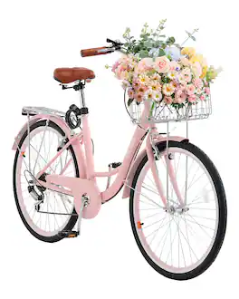 VEVOR - Cruiser Bike, 7-Speed, 26-Inch Beach Cruiser Bike with Large Capacity Basket and Rear Rack - Pink