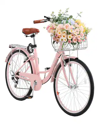 Front. VEVOR - Cruiser Bike, 7-Speed, 26-Inch Pink Beach Cruiser Bike with Large Capacity Basket and Rear Rack - Pink.