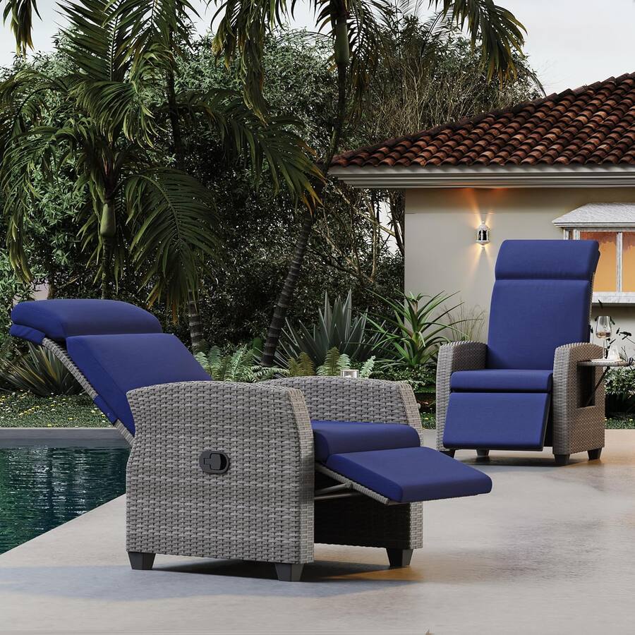 Acekool Outdoor Wicker Recliner Chair, Adjustable Patio Lounge