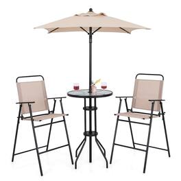 Gymax - 4PCS Bistro Set Folding Counter Height Chairs Round Bar Table & Umbrella Patio - Beige