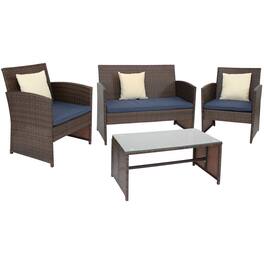 Sunnydaze - Ardfield Rattan 4-Piece Patio Furniture Set - Brown Rattan with Navy Cushions