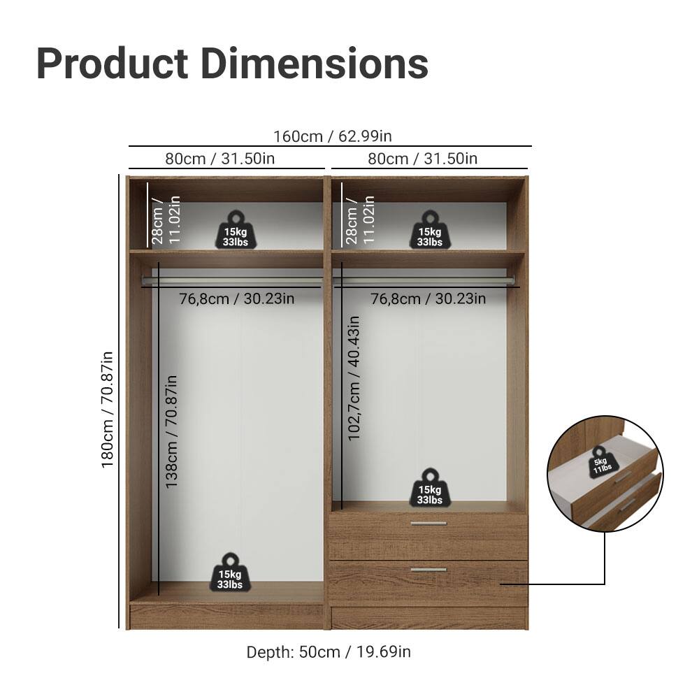 Product Dimensions

- Width: 160cm / 62.99in
- Height: 80cm / 31.50in
- Depth: 50cm / 19.69in

- Shelf 1: 76.8cm / 30.23in (Height) x 28cm / 11.02in (Depth)
- Shelf 2: 76.8cm / 30.23in (Height) x 28cm / 11.02in (Depth)
- Shelf 3: 76.8cm / 30.23in (Height) x 28cm / 11.02in (Depth)
- Shelf 4: 76.8cm / 30.23in (Height) x 28cm / 11.02in (Depth)
- Shelf 5: 76.8cm / 30.23in (Height) x 28cm / 11.02in (Depth)

- Drawer: 102.7cm / 40