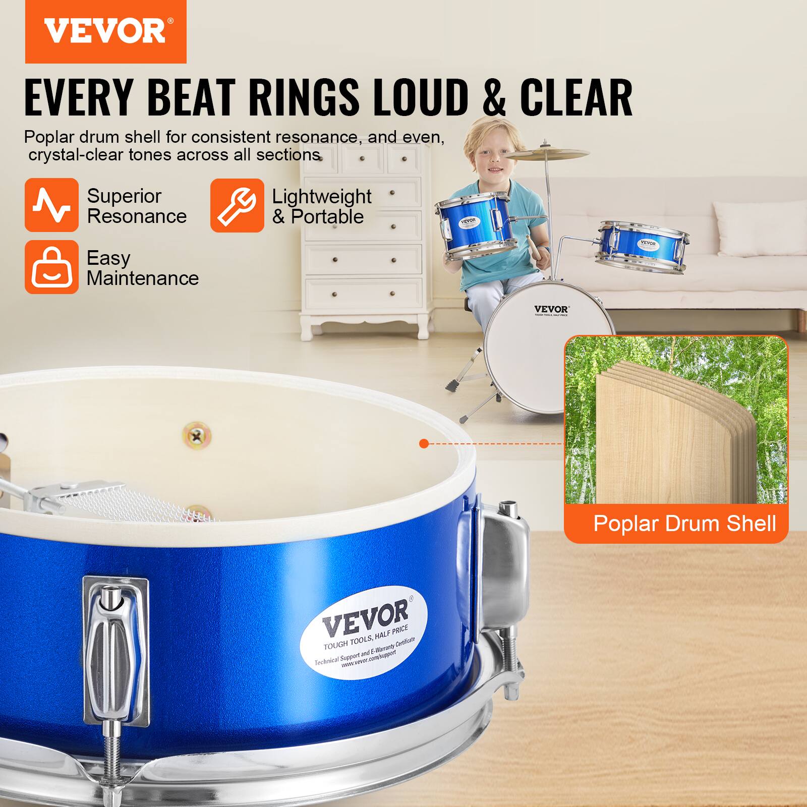 VEVOR

EVERY BEAT RINGS LOUD & CLEAR

Poplar drum shell for consistent resonance, and even, crystal-clear tones across all sections.

- Superior Resonance
- Lightweight & Portable
- Easy Maintenance

Poplar Drum Shell

VEVOR
TOUGH TOOLS. HALF PRICE.