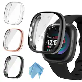 Kitcheniva - Soft TPU Plated Bumper Smartwatch Screen Protector Case For Fitbit Versa 4/Sense 2 Pack Of 3 - Black/Clear/Rose Gold