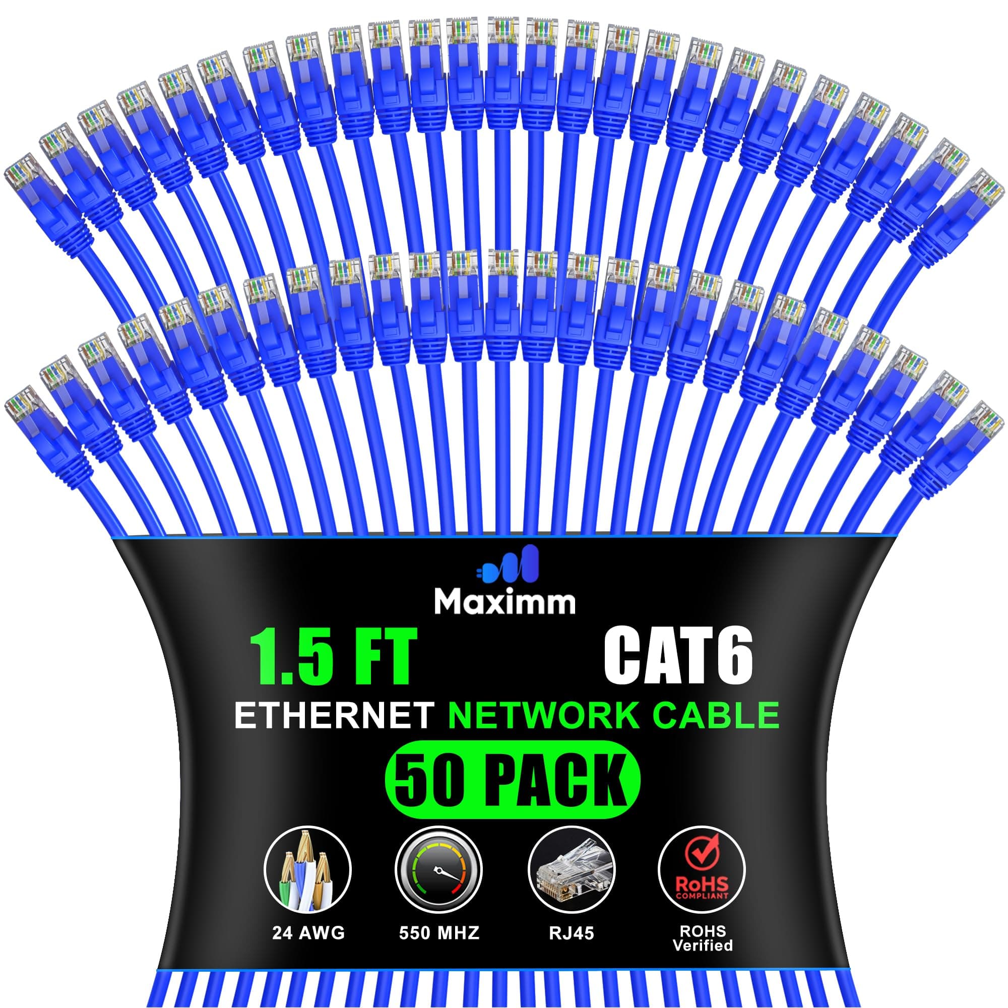 Maximm - Cat 6 Ethernet Cable 1.5 ft (50-Pack) - UTP, 10Gbps, 550MHz