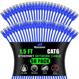 Maximm - Cat 6 Ethernet Cable 1.5 ft (50-Pack) - UTP, 10Gbps, 550MHz