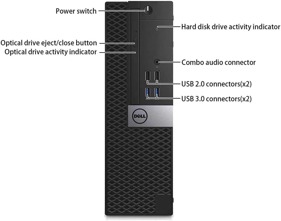 - Power switch
- Hard disk drive activity indicator
- Optical drive eject/close button
- Optical drive activity indicator
- Combo audio connector
- USB 2.0 connectors (x2)
- USB 3.0 connectors (x2)
- DELL