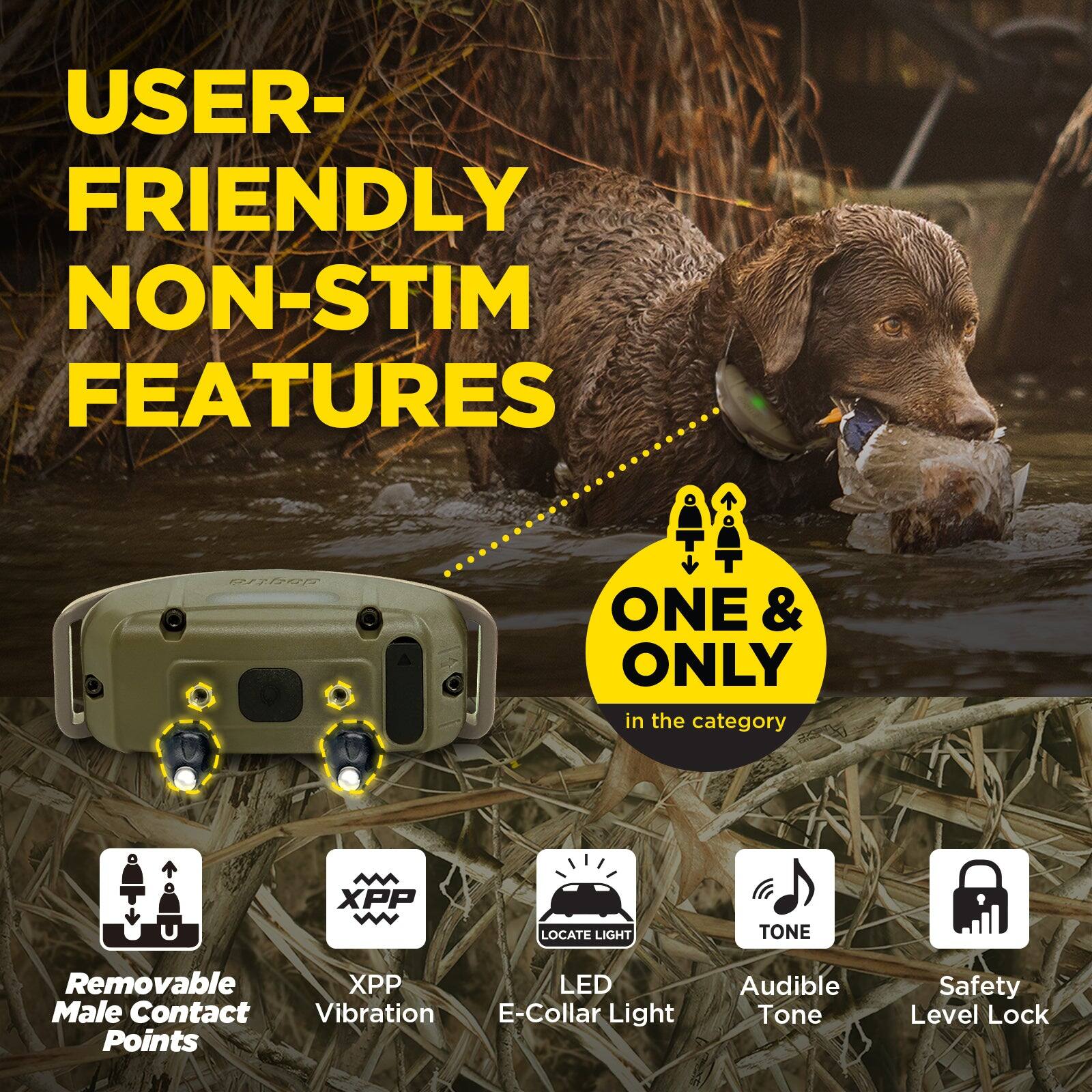 USER-FRIENDLY NON-STIM FEATURES

ONE & ONLY in the category

- Removable Male Contact Points
- XPP Vibration
- LED E-Collar Light
- Audible Tone
- Safety Level Lock