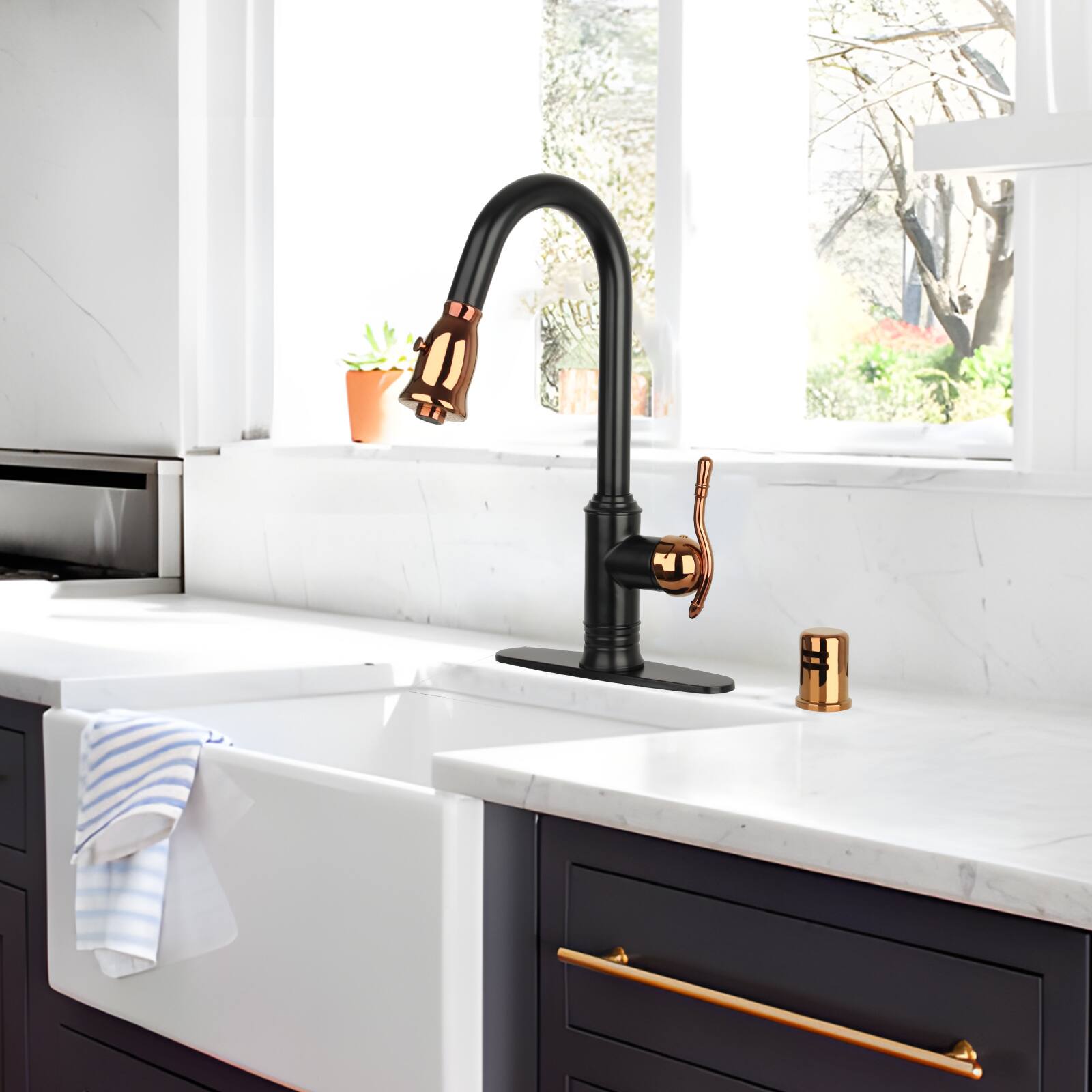 Alt View 7. Akicon - Akicon Solid Brass Single Handle Kitchen Faucet with Pull Down Sprayer in Matte Black & Rose Gold - Matte Black & Rose Gold.