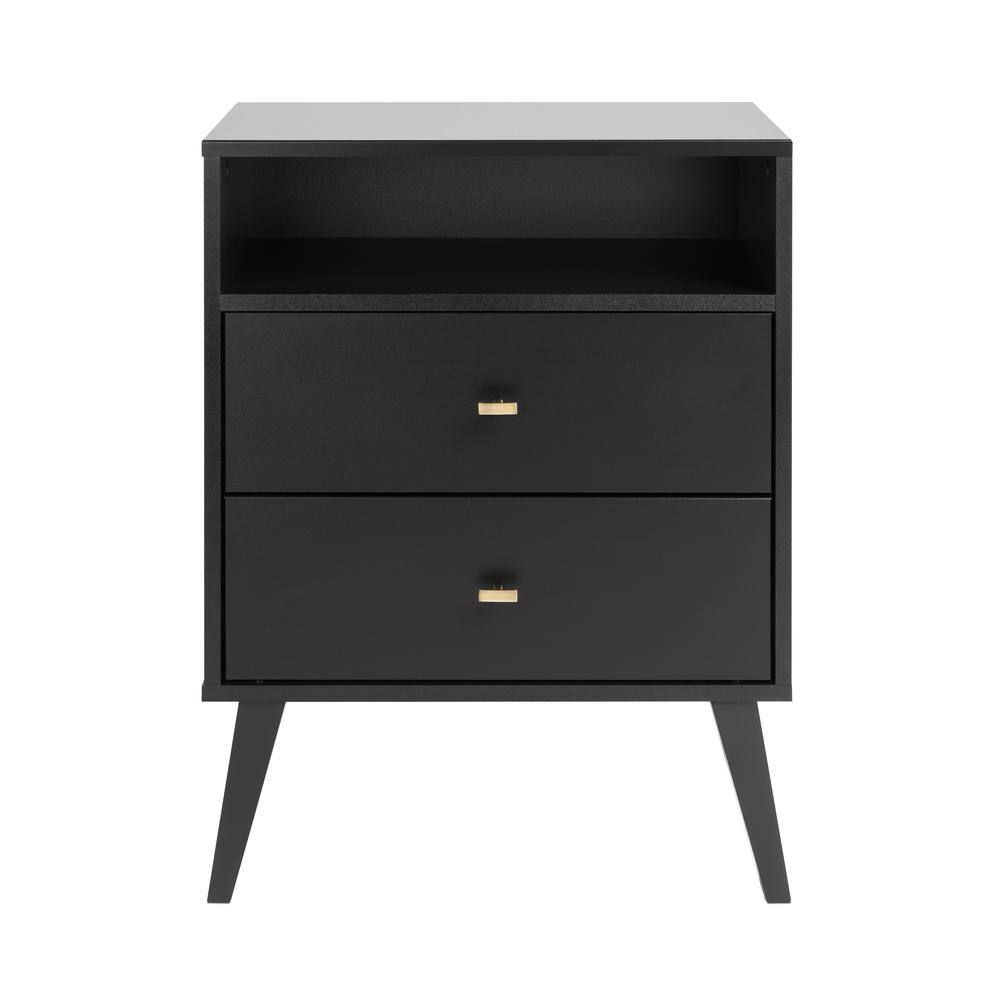 Angle. Prepac - Milo Mid Century Modern 2-drawer Tall Nightstand with Open Shelf, Black - Black.