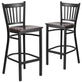 Emma + Oliver - 2 Pack Vertical Back Metal Restaurant Barstool - Walnut Wood Seat/Black Metal Frame