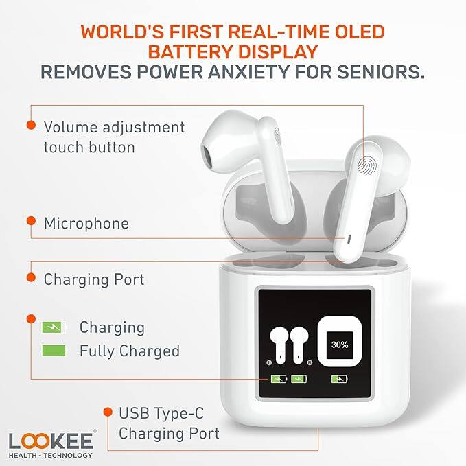 WORLD'S FIRST REAL-TIME OLED BATTERY DISPLAY
REMOVES POWER ANXIETY FOR SENIORS.
- Volume adjustment touch button
- Microphone
- Charging Port
- Charging
- Fully Charged
- USB Type-C Charging Port
LOOKEE
HEALTH - TECHNOLOGY