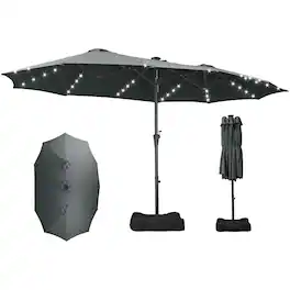 Ainfox - 15FT Double Sided Patio Umbrella Outdoor Large Umbrella for Deck Pool Shade with 48 Solar LED Lights & Base - Black