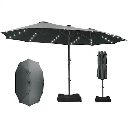 Front. Ainfox - Ainfox 15FT Double Sided Patio Umbrella Outdoor Large Umbrella for Deck Pool Shade with 48 Solar LED Lights & Base - Black.