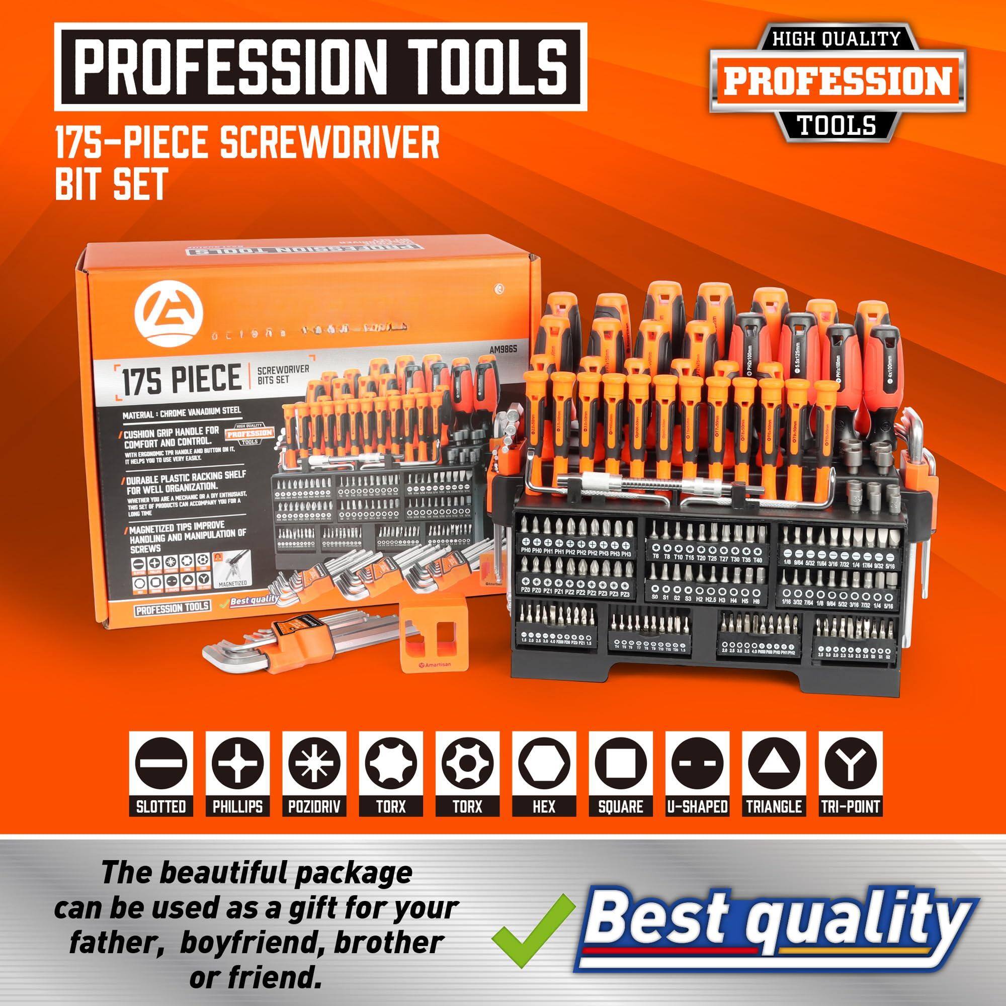 **PROFESSION TOOLS**

**175-PIECE SCREWDRIVER BIT SET**

**HIGH QUALITY PROFESSION TOOLS**

**175 PIECE SCREWDRIVER BIT SET**

- **MATERIAL:** CHROME VANADIUM STEEL
- **CUSHION GRIP HANDLE FOR COMFORT AND CONTROL**
- **DURABLE PLASTIC RACKING SHELF FOR ORGANIZATION**
- **MAGNETIZED TIPS IMPROVE HANDLING AND MANIPULATION OF SCREWS**

**The beautiful package can be used as a gift for your father, boyfriend, brother or friend.**

**Best quality**

**SLOT**  
**PHILLIPS**  
**POZIDRIV**  
**TORX**  
**TORX**  
**HEX**  
**SQUARE**  
**U-SHAPED**  
**TRIANGLE**  
**TRI-POINT**