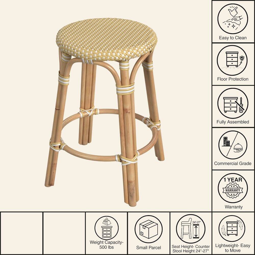 Easy to Clean  
Floor Protection  
Fully Assembled  
Commercial Grade  
1 YEAR WARRANTY  
Weight Capacity- 500 lbs  
Small Parcel  
Seat Height- Counter Stool Height 24"-27"  
Lightweight- Easy to Move