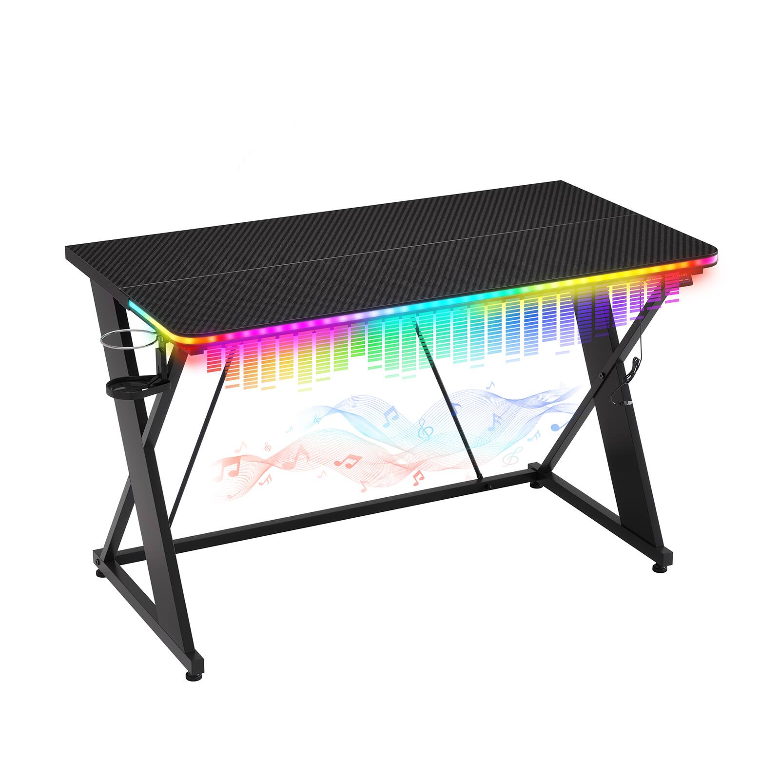 Alt View 6. RSPGAME - Gaming Desk with LED Lights, X-Shaped Frame Computer Desk with Hook Cup Holder & Side Bag, Desk Gamer for Home Office - 43'' Black.