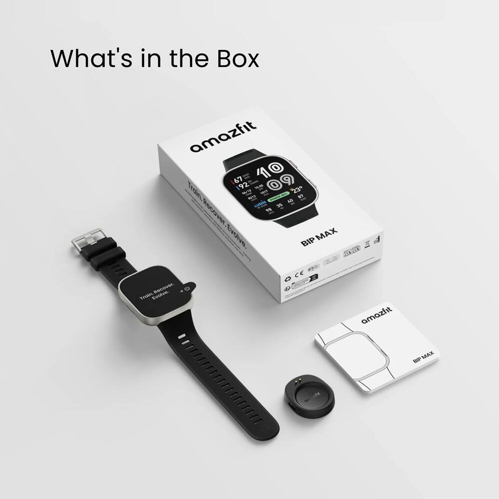 What's in the Box

amazfit

67 1 - 0
Troin 192 1 23
NAUTS
sn 7 AS utin 3 r9v0283 9
Evoive. BIP MAX NT8ON
Evoive. Recover. Train

Cc d amazfit MAX WP