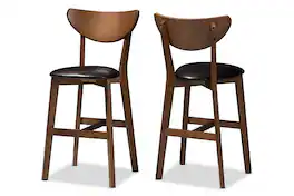 Baxton Studio - Set of 2 Eline Mid-Century Modern Faux Leather Upholstered Walnut Finished Counter Stools - Black/Walnut Brown