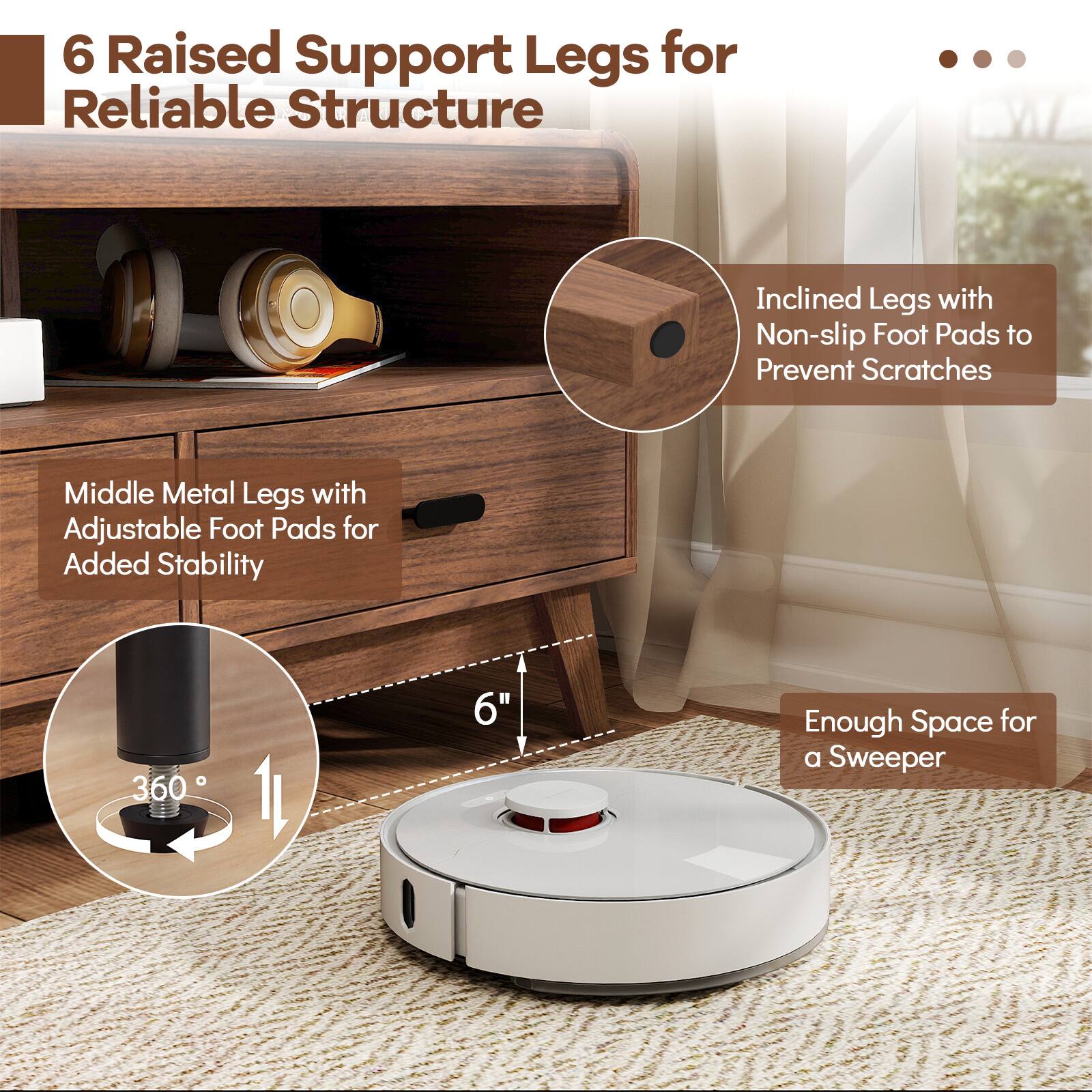 6 Raised Support Legs for Reliable Structure

- Inclined Legs with Non-slip Foot Pads to Prevent Scratches
- Middle Metal Legs with Adjustable Foot Pads for Added Stability
- 360° Rotation
- 6" Clearance for a Sweeper