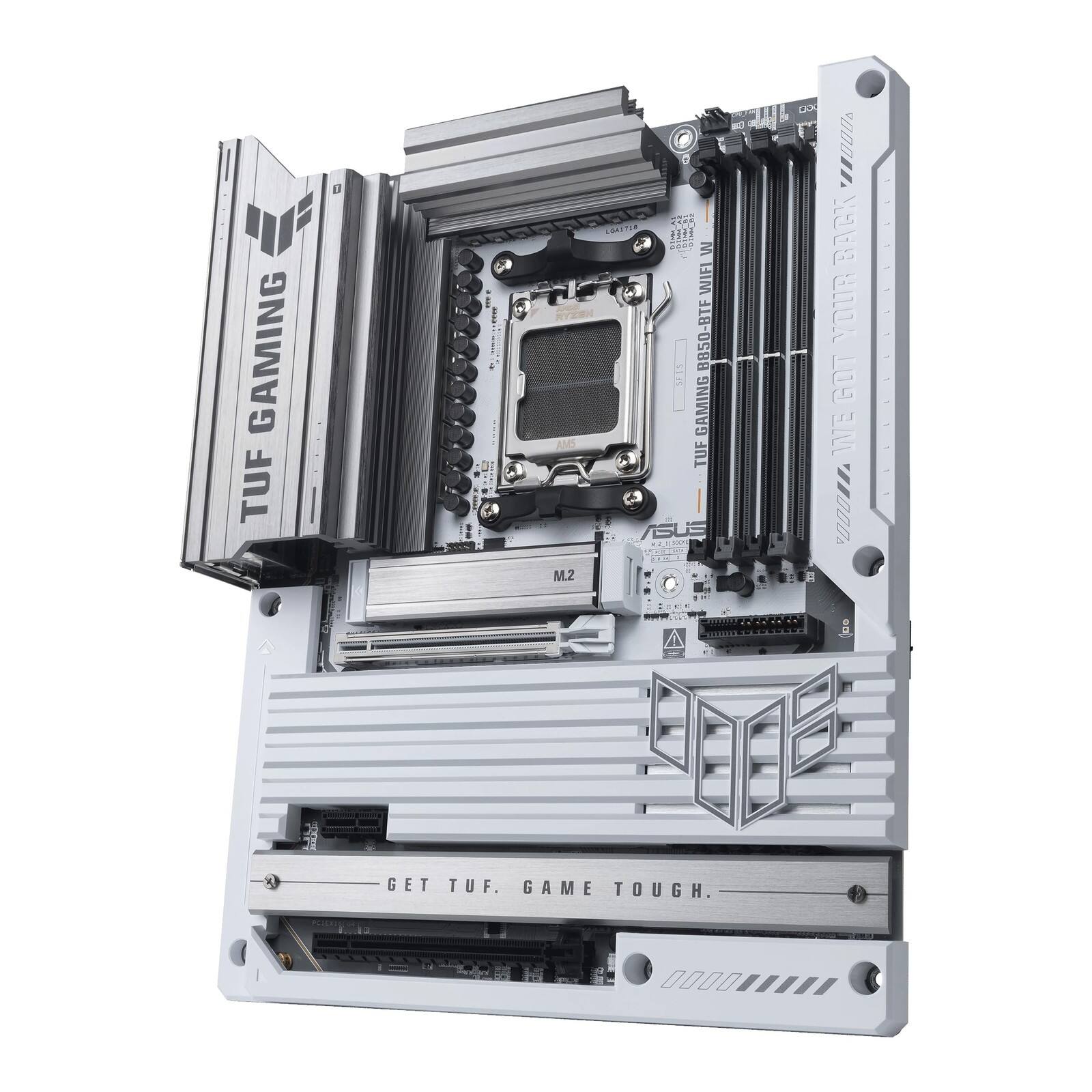 GAMING TUF  
P2 i  
COITEN  
W WIFI RYX B850-BTF 115  
GAMING AND TUF ASUE REEDN  
M2  
CAN 000II  
YOUR GOT 117E 0000  
a  
B GET TUF.  
GAME TOUGH.