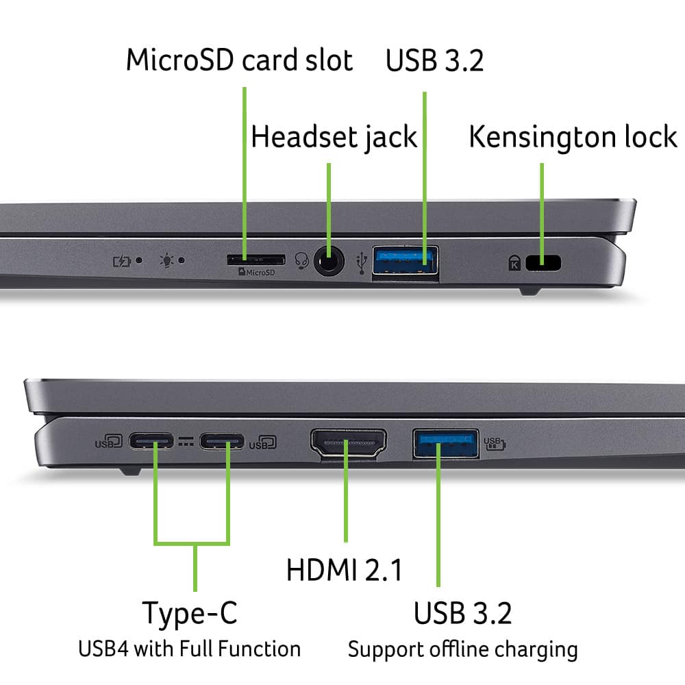 MicroSD card slot USB 3.2 Headset jack Kensington lock MicroSD K US USB USB . HDMI 2.1 Type-C USB 3.2 USB4 with Full Function Support offline charging
