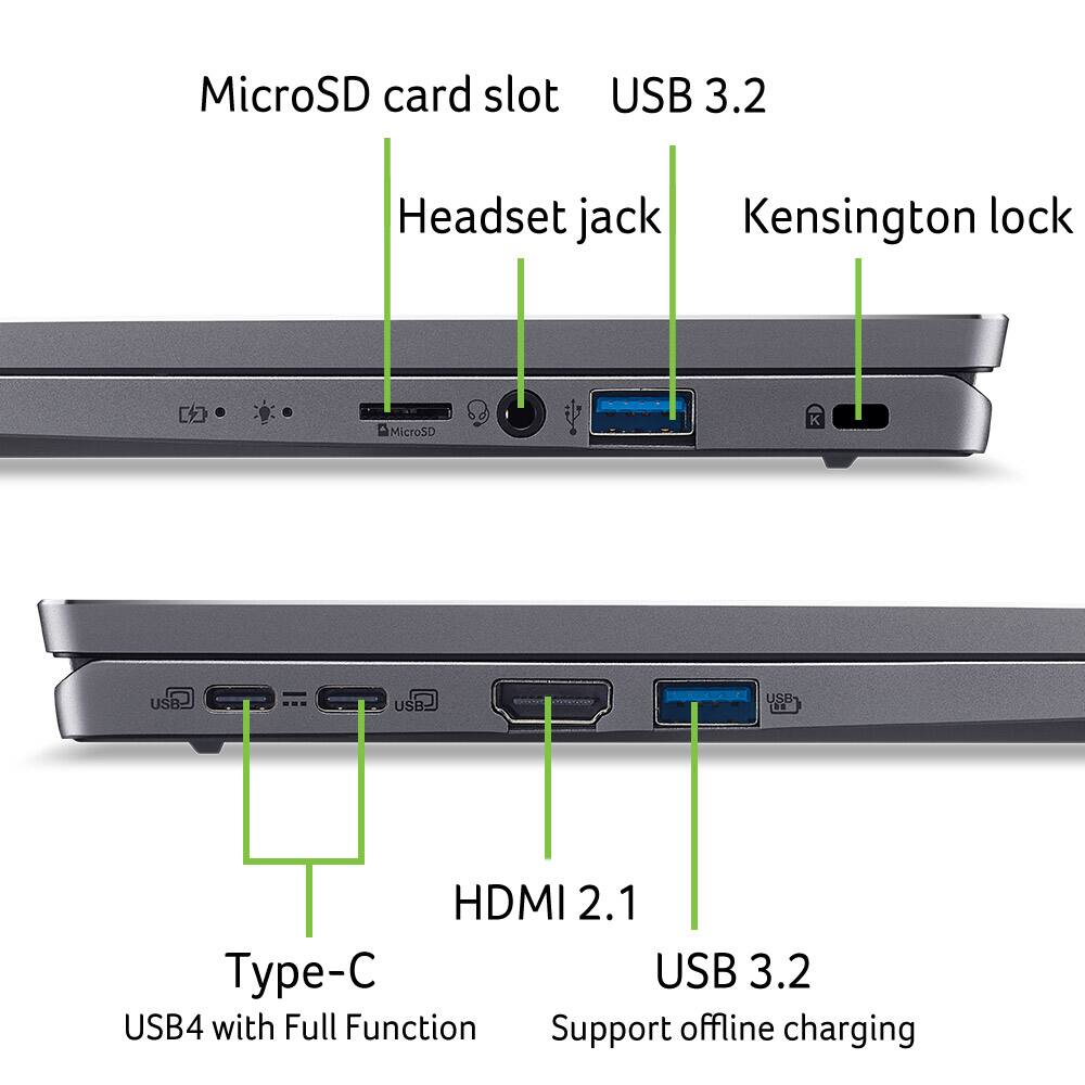 MicroSD card slot USB 3.2 Headset jack Kensington lock MicroSD K US USB USB . HDMI 2.1 Type-C USB 3.2 USB4 with Full Function Support offline charging