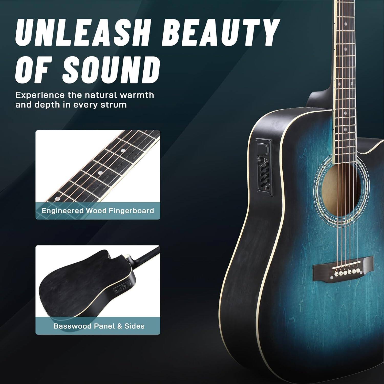 UNLEASH BEAUTY OF SOUND  
Experience the natural warmth and depth in every strum  

Engineered Wood Fingerboard  
Basswood Panel & Sides