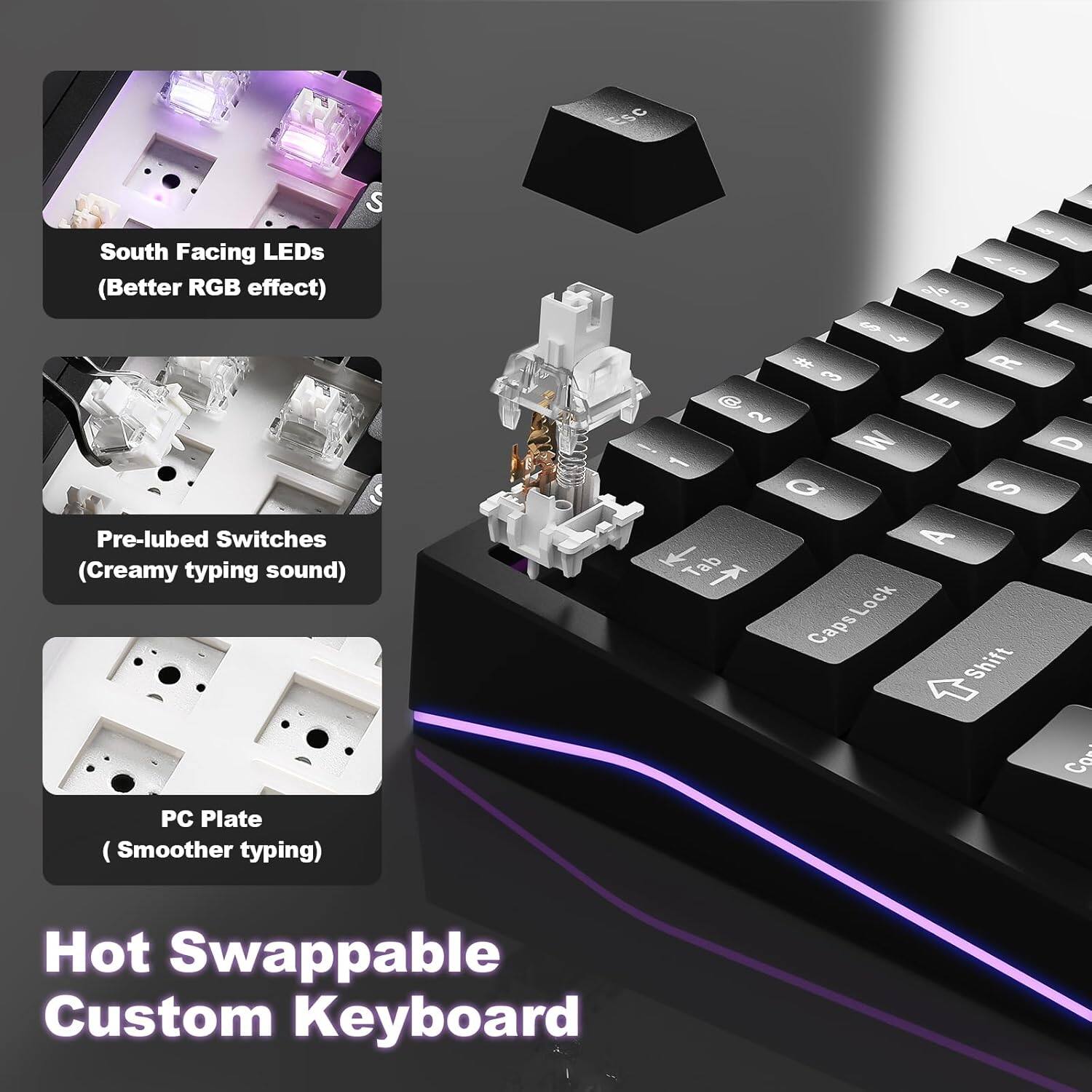 Here is the corrected and grouped text:

- South Facing LEDs (Better RGB effect)
- Pre-lubed Switches (Creamy typing sound)
- PC Plate (Smoother typing)
- Hot Swappable Custom Keyboard