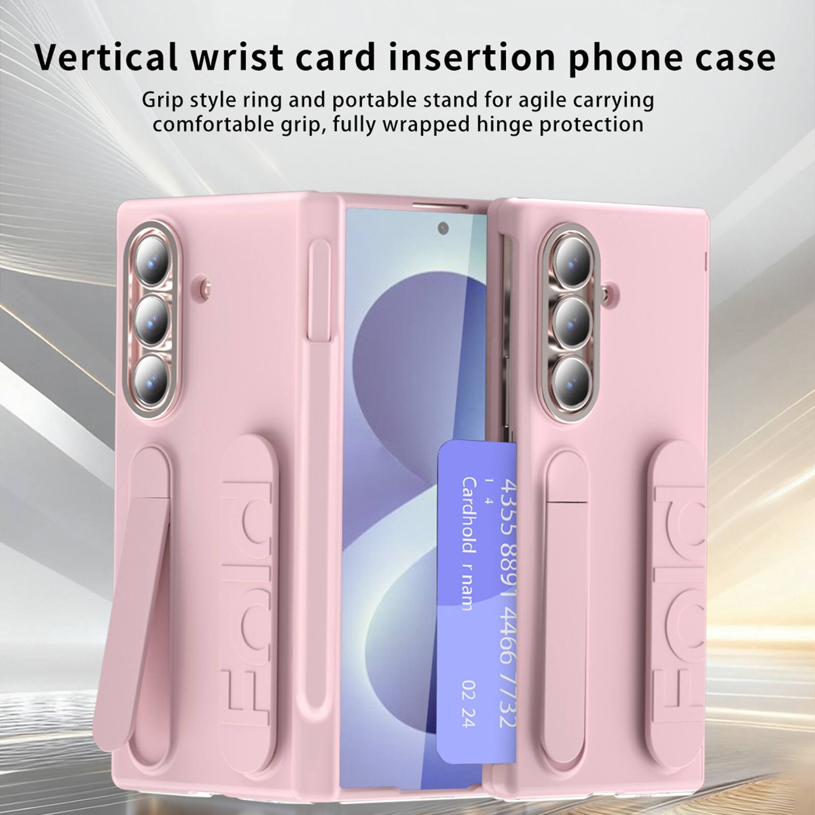Vertical wrist card insertion phone case  
Grip style ring and portable stand for agile carrying comfortable grip, fully wrapped hinge protection  

Fold  
Cardhold nam 02 24  
1 4  
4355 8891 4466 7732  
Fold