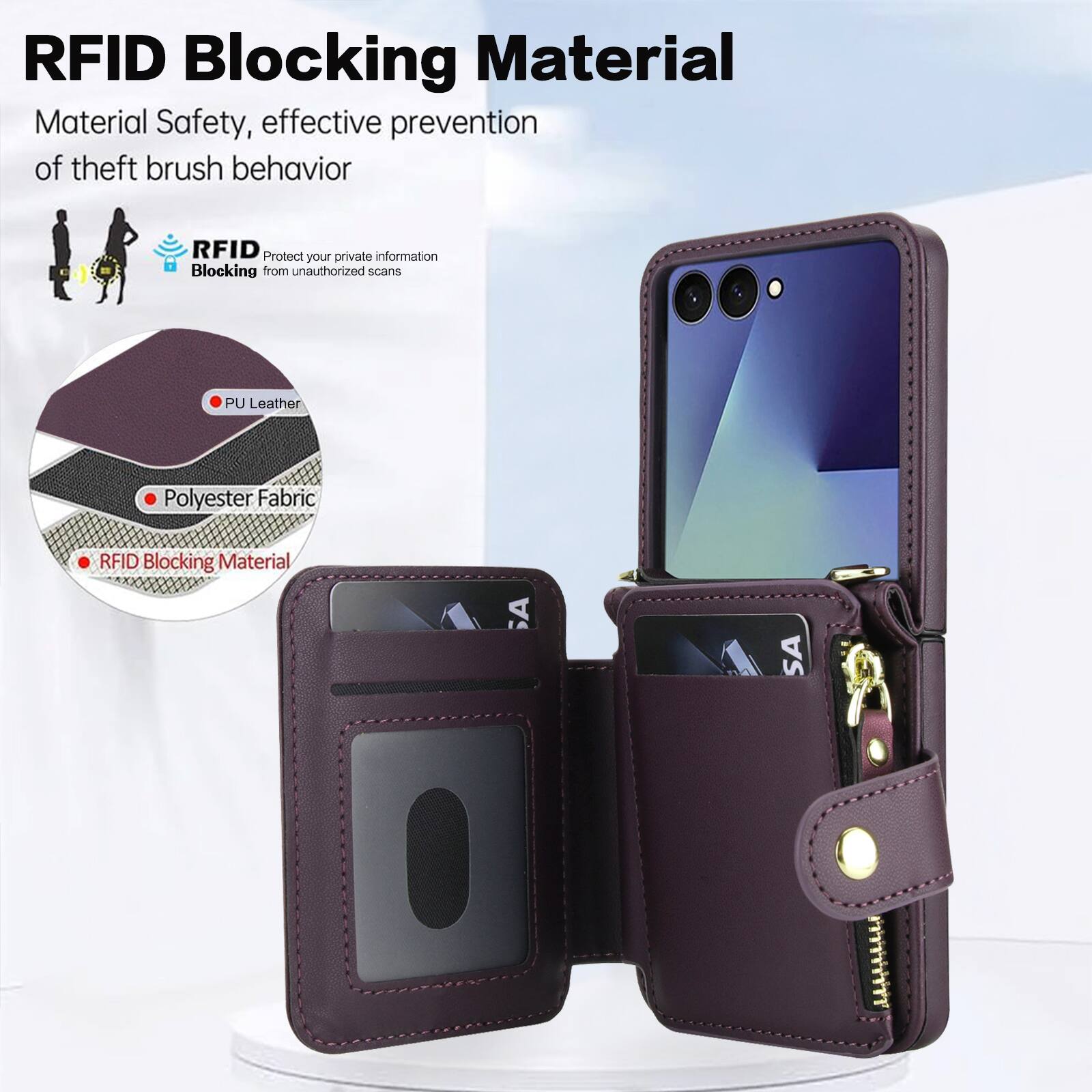 RFID Blocking Material  
Material Safety, effective prevention of theft brush behavior  

RFID Protect your private information from unauthorized scans  

PU Leather  
Polyester Fabric  
RFID Blocking Material