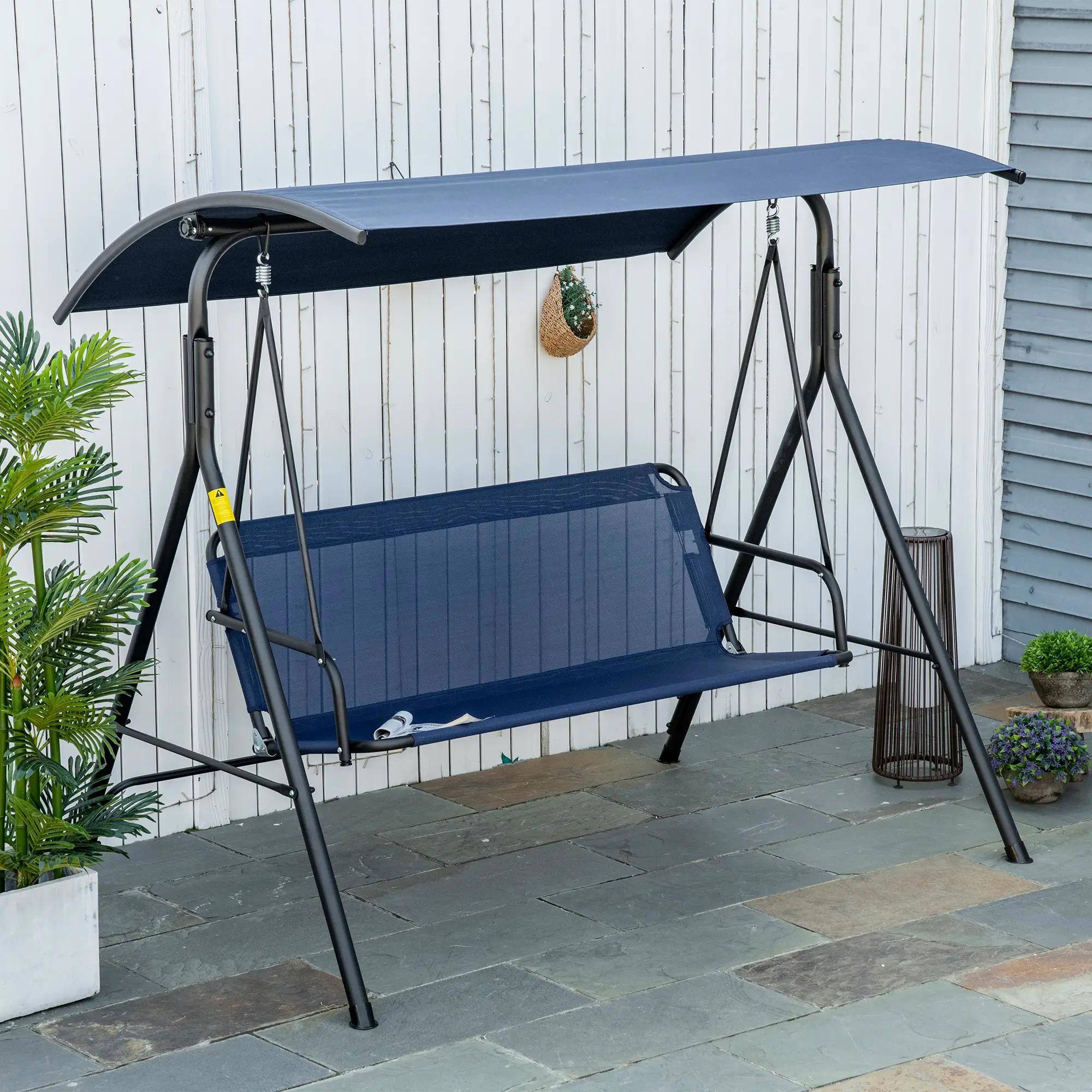 Back. Resenkos - Resenkos 3-Person Swing Set, Outdoor Patio Swing With Tilt Canopy, Steel Frame Bench Seat, Dark Blue.