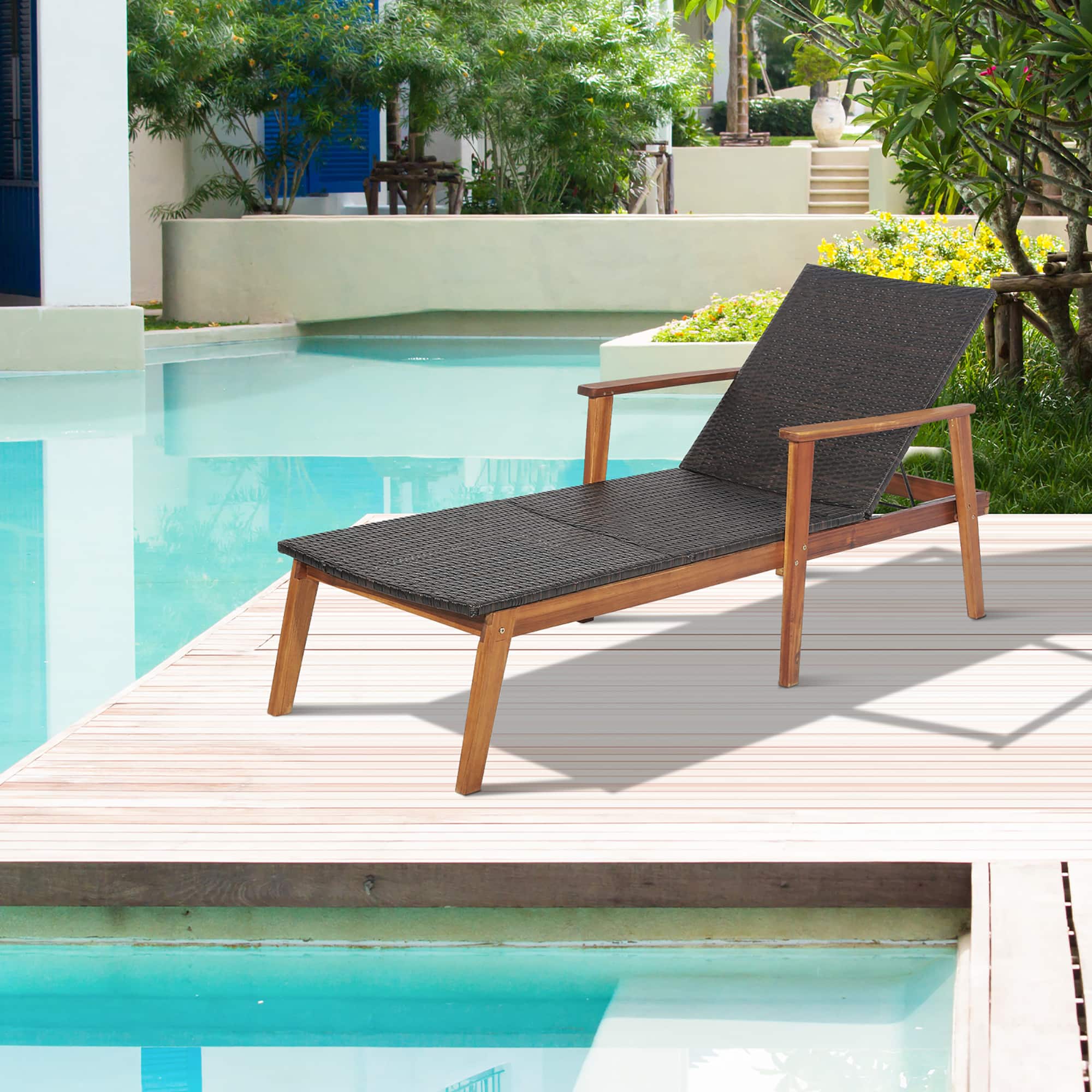 Gymax - Adjustable Patio Rattan Lounge Chair Recliner Outdoor Chaise Acacia Wood Frame - Mix Brown price history on PriceWatchPro