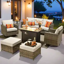 Ovios - 7 PCS Patio Furniture Conversational Sofa with Swivel Chair, Side Table & 42" Fire Pit Table - Gray