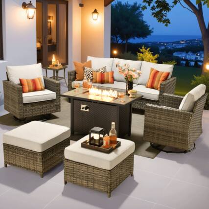 Front. Ovios - 7 PCS Patio Furniture Conversational Sofa with Swivel Chair, Side Table & 42" Fire Pit Table - Gray.
