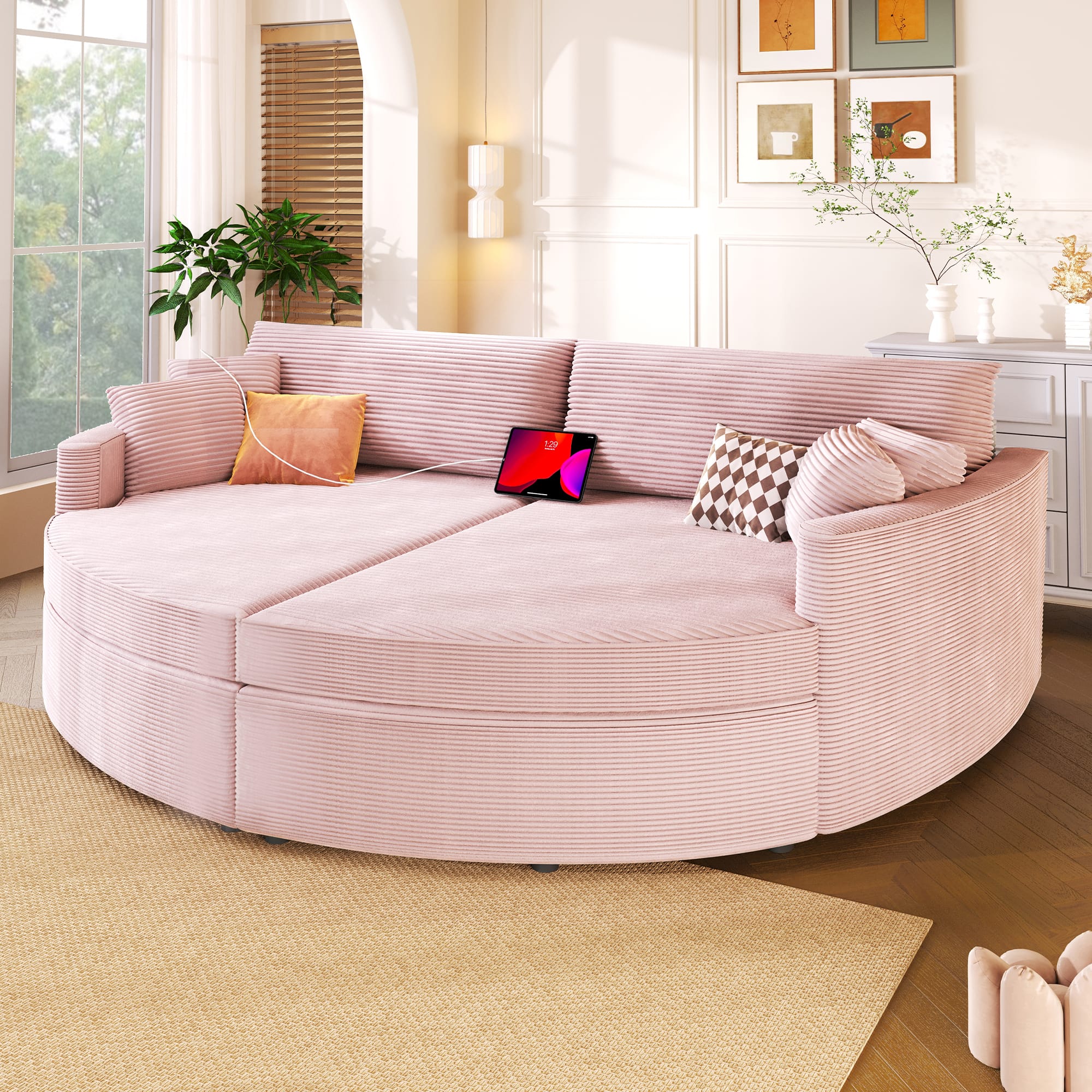 TinyHomie - Oversized Double Chaise Lounge Sofa 102.3in Sofa Bed Upholstered Loveseat Sofa Couch with Deep Seat and USB Ports - Pink