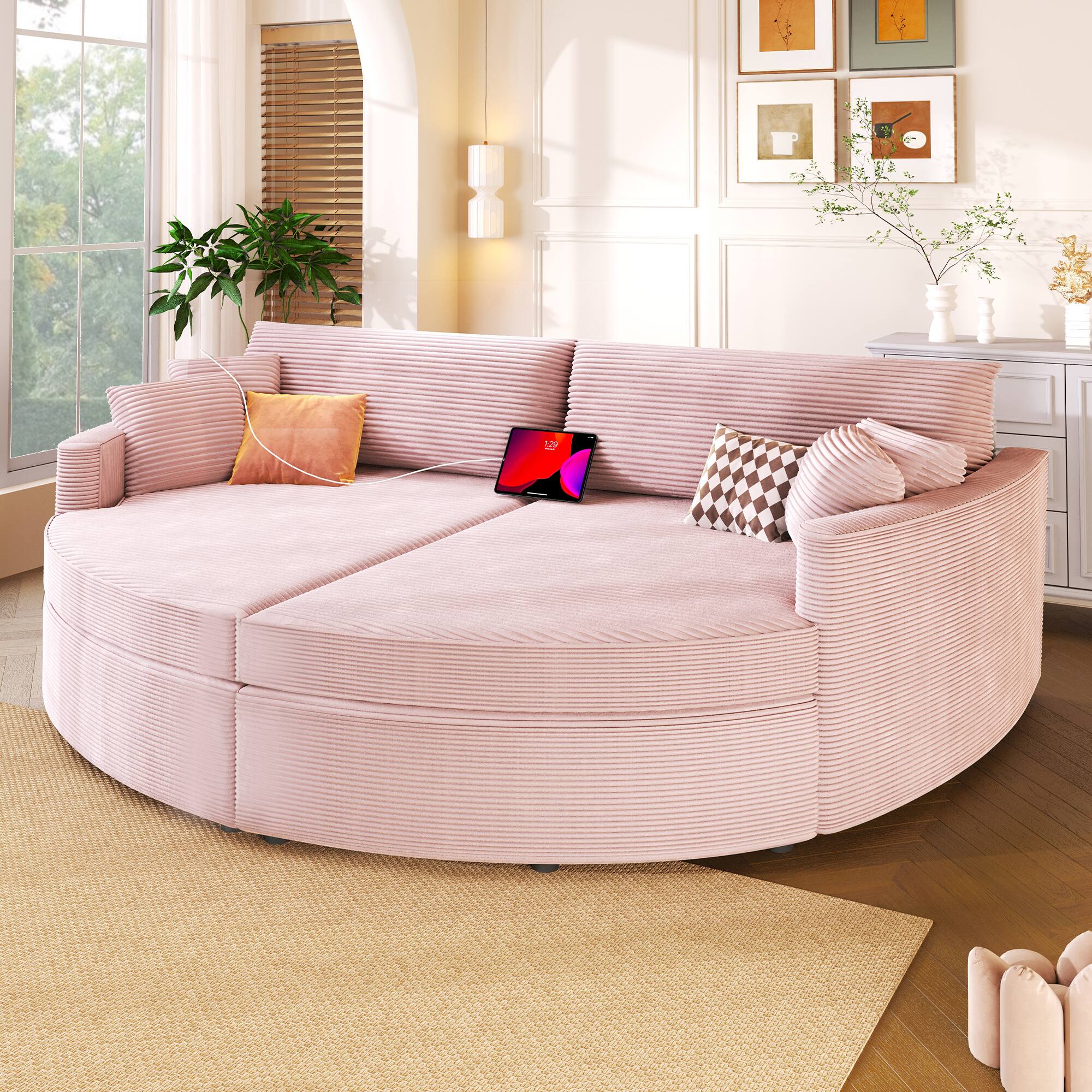 Front. TinyHomie - Oversized Double Chaise Lounge Sofa 102.3in Sofa Bed Upholstered Loveseat Sofa Couch with Deep Seat and USB Ports - Pink.
