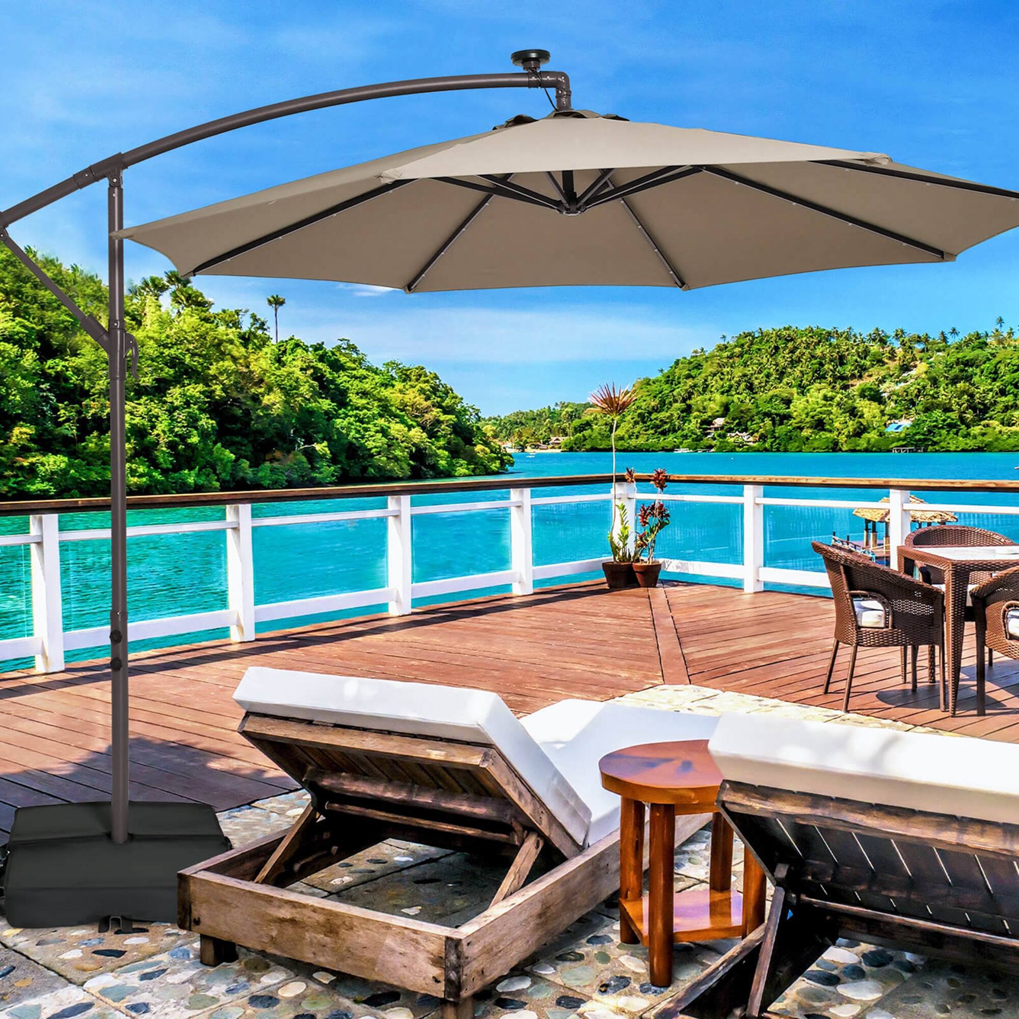 Alt View 3. Costway - Patio 10FT Hanging Offset Umbrella 32 LED Lights Sand Bag Outdoor Cross Base - Coffee.