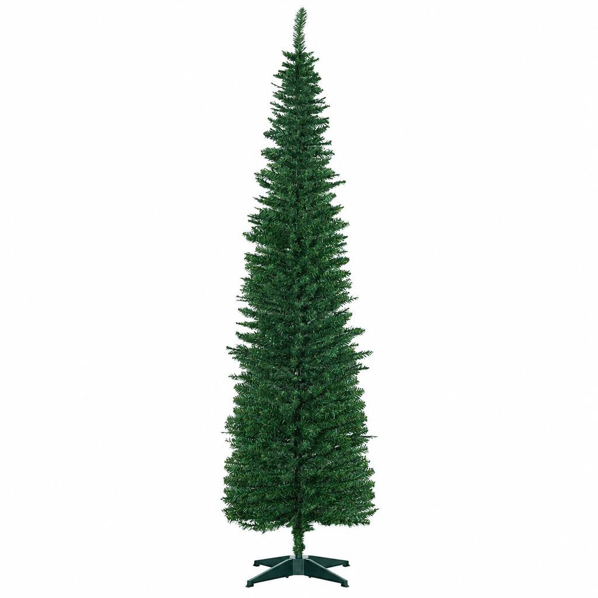 Front. RYHNUYNE - 7 Ft Slim Pencil Green Artificial Christmas Tree With 499 Realistic Tips, Plastic Base Easy Setup Holiday Decor - Green.