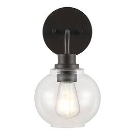Jonathan Y - Sandrine 6.5" 1-Light Iron/Seeded Glass Cottage Rustic LED Vanity Light, Oil Rubbed Bronze - Oil-Rubbed Bronze
