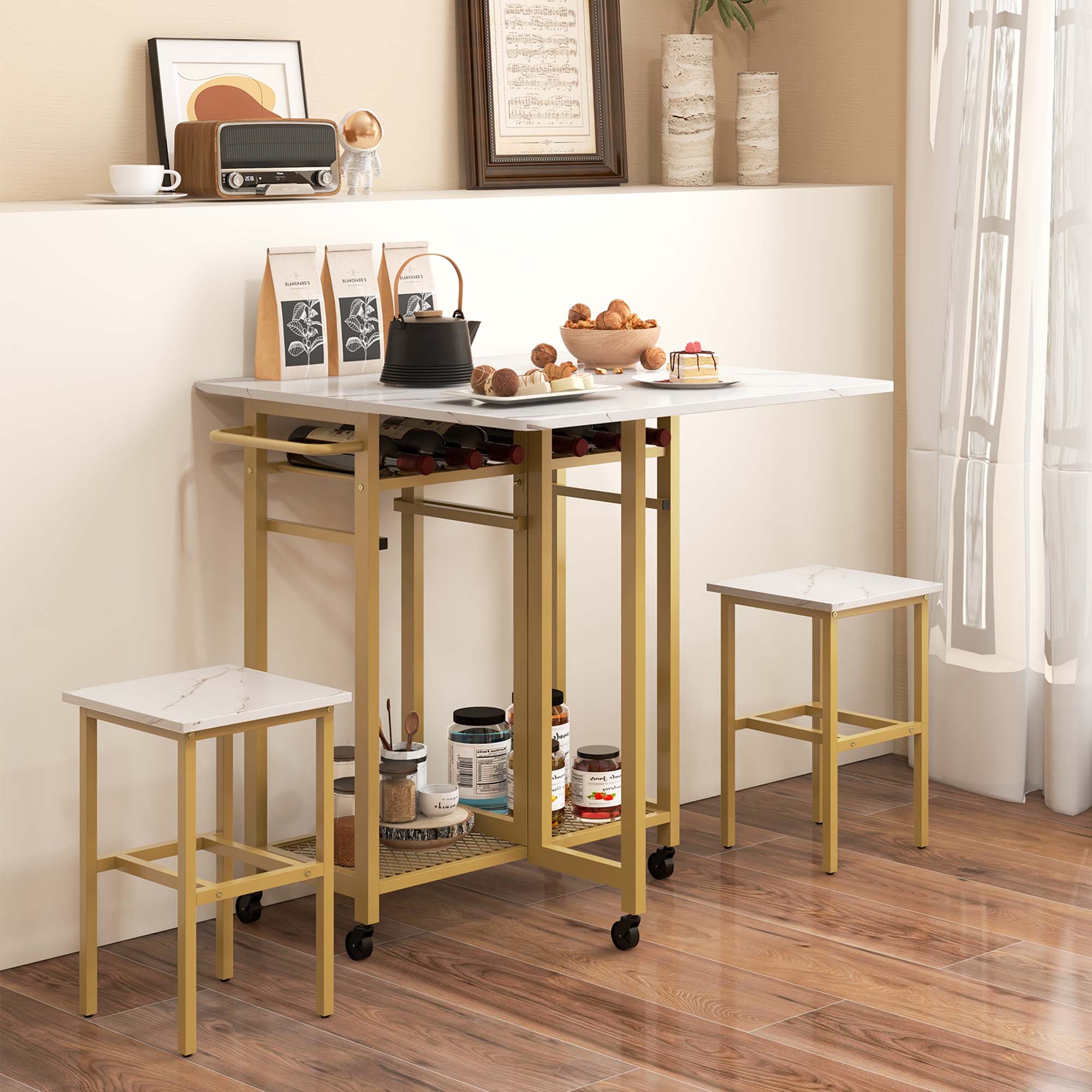 Angle. Costway - 3 PCS Rolling Dining Table Set Extendable Kitchen Table 2 Stools with Wine Rack White - White and Golden.