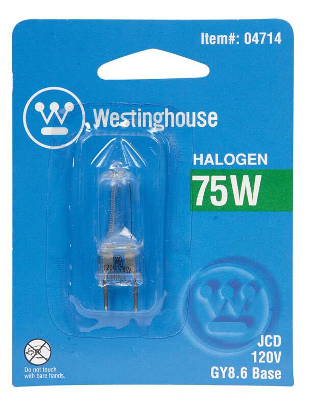 Item#: 04714  
Westinghouse  
HALOGEN  
75W  
JCD 120V GY8.6 Base  
Do not touch with bare hands.  
Made in China