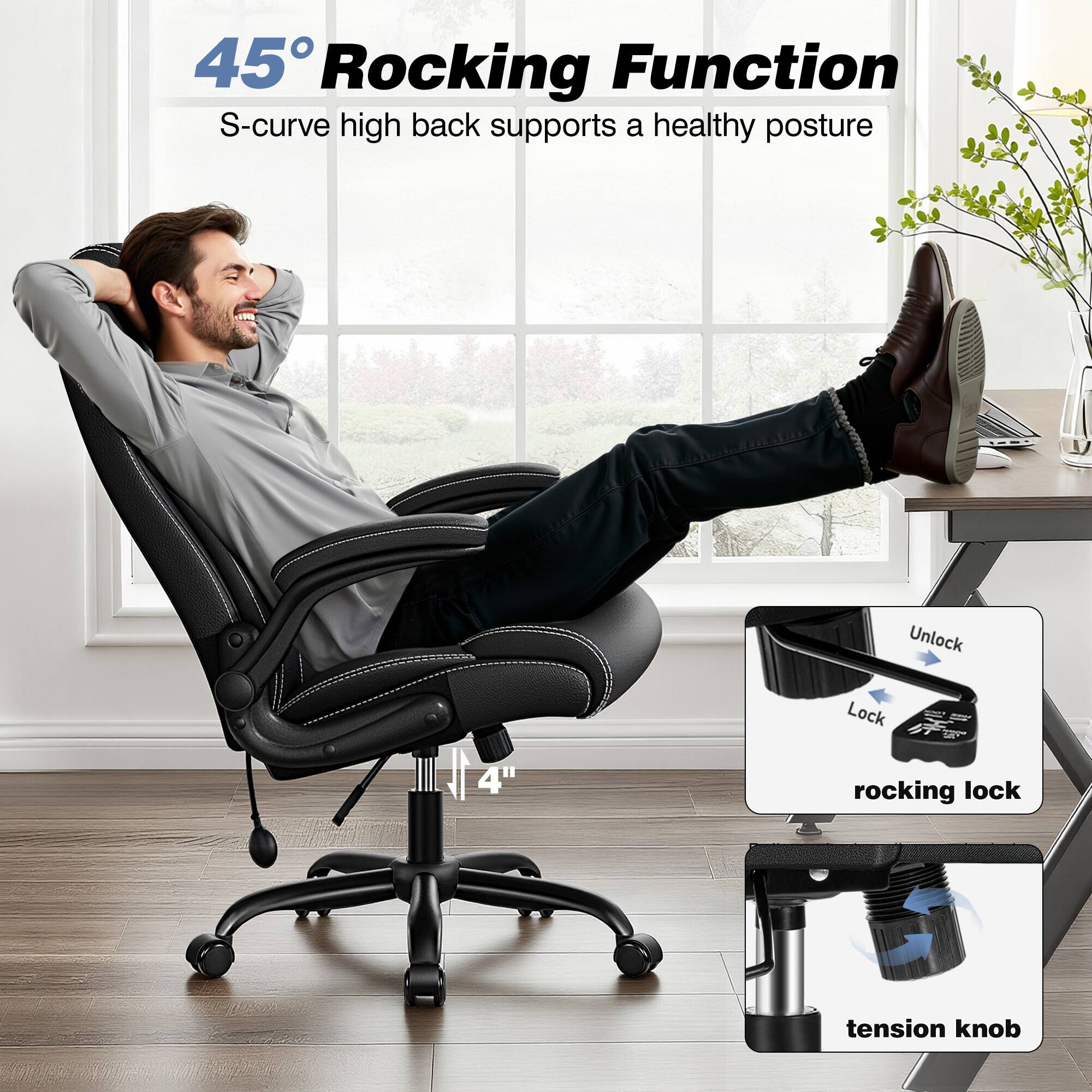 45° Rocking Function  
S-curve high back supports a healthy posture  

Unlock 11 4" Lock  
rocking lock  
tension knob