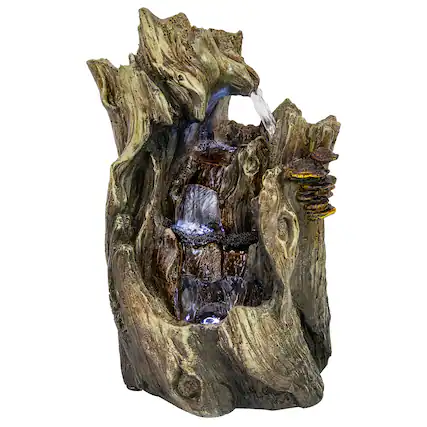 Front. Sunnydaze - Cascading Caves Polyresin Indoor Water Fountain with LED - 14 in - Light Brown.