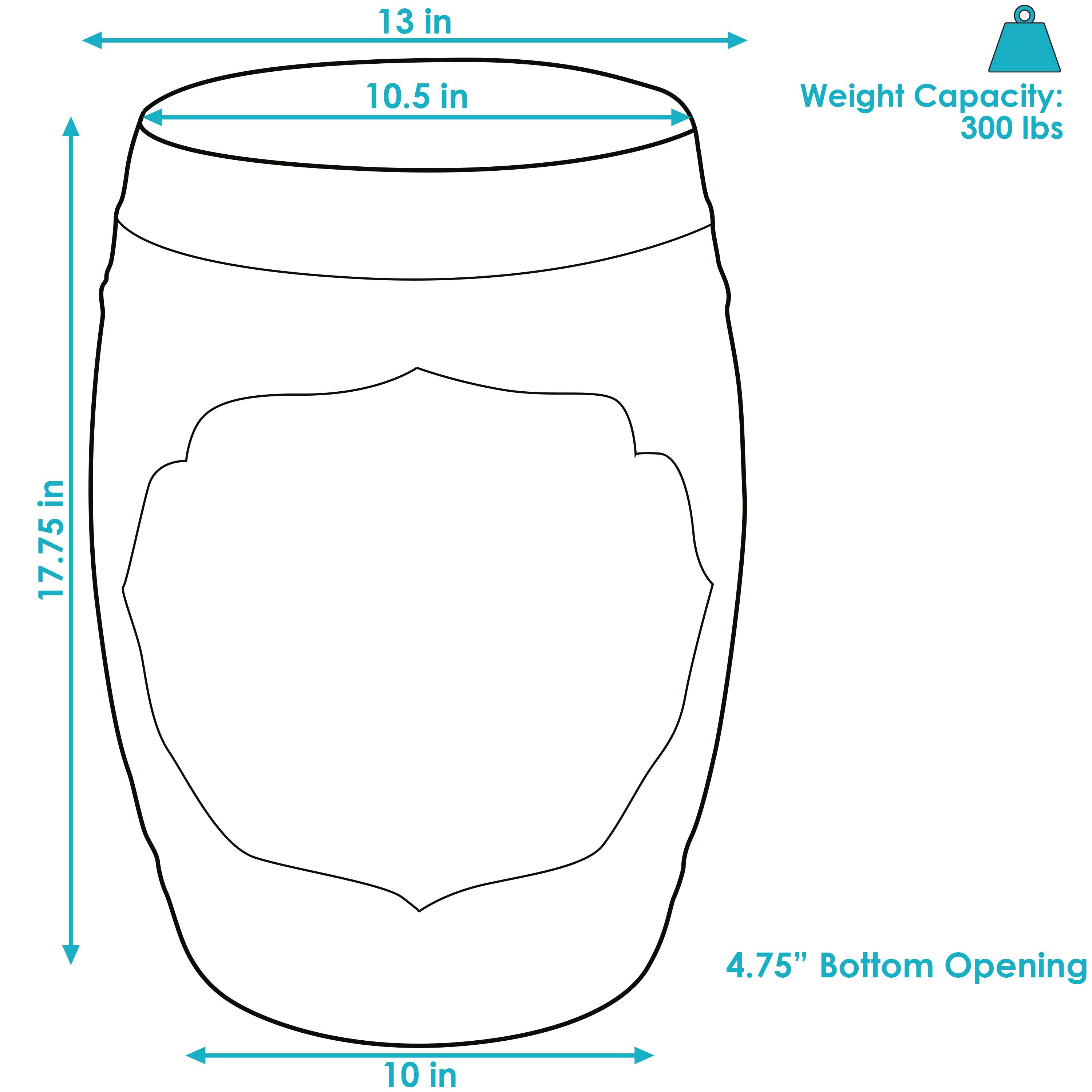 13 in  
10.5 in  
Weight Capacity: 300 lbs  
17.75 in  
4.75" Bottom Opening  
10 in