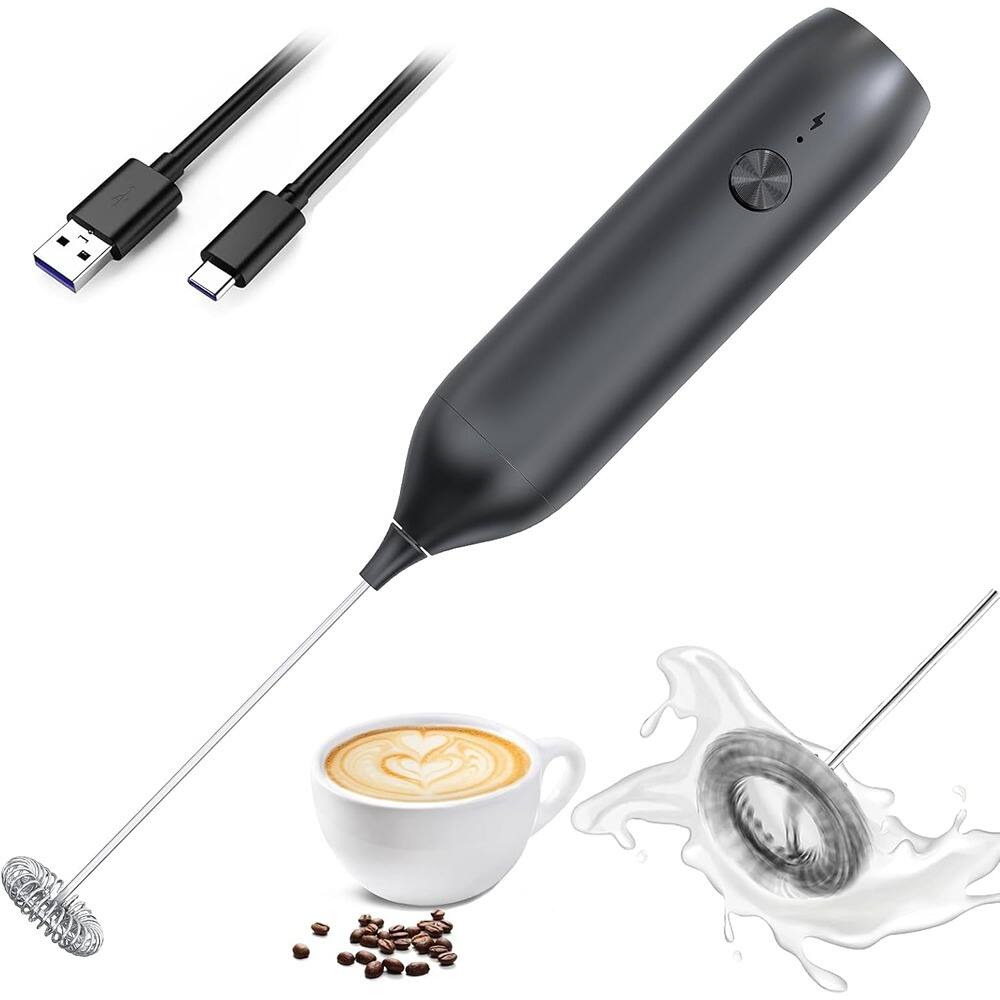 ACJPR - Rechargeable Milk Frother Handheld, Electric Whisk and Drink Mixer with USB-C, Foam Maker for Coffee, Lattes, Cappuccino - Black