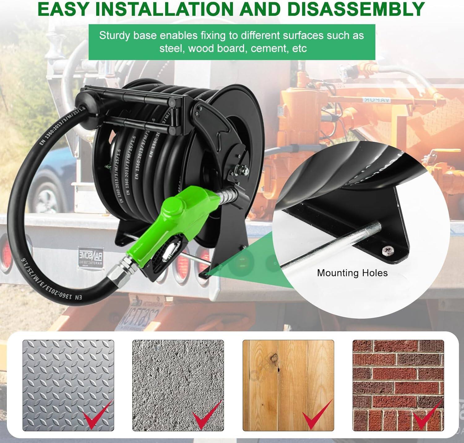 EASY INSTALLATION AND DISASSEMBLY  
Sturdy base enables fixing to different surfaces such as steel, wood board, cement, etc  

Mounting Holes  

- Steel  
- Wood board  
- Cement  
- Brick