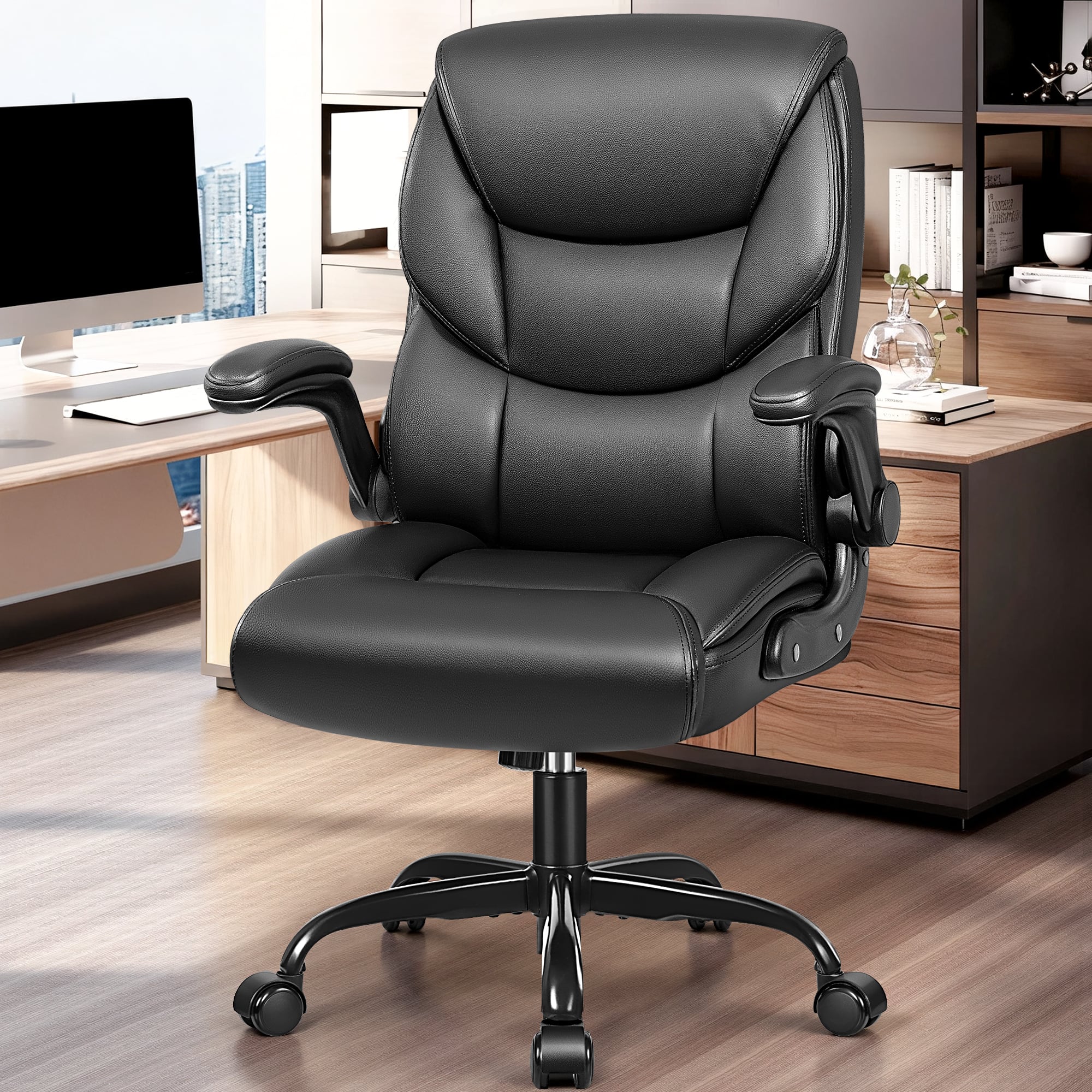Front. KERDOM - PU Leather Ergonomic Home Desk Chair, Tilt Swivel Mid Back Computer Chair Adjustable Height, Padded Flip-Up Armrests - Black.