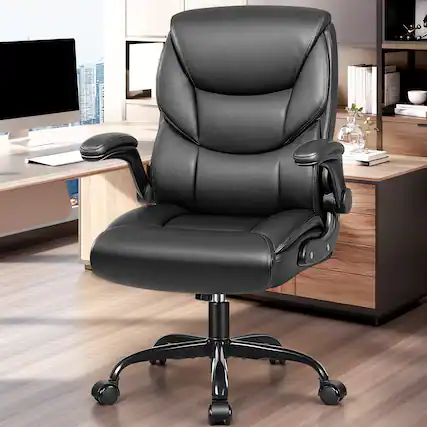 Front. KERDOM - PU Leather Ergonomic Home Desk Chair, Tilt Swivel Mid Back Computer Chair Adjustable Height, Padded Flip-Up Armrests - Black.
